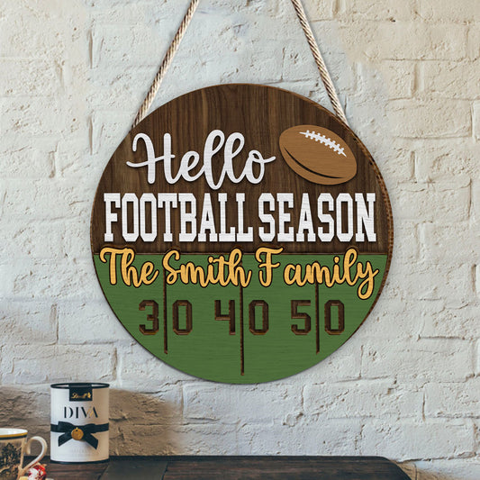 Bonjour la saison de football ! - Panneau/plaque en bois personnalisé(e) à 2 couches sur le thème du football
