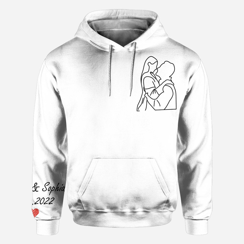 Portraits dessinés au trait personnalisés - T-shirt personnalisé mari et femme imprimé sur toute la surface