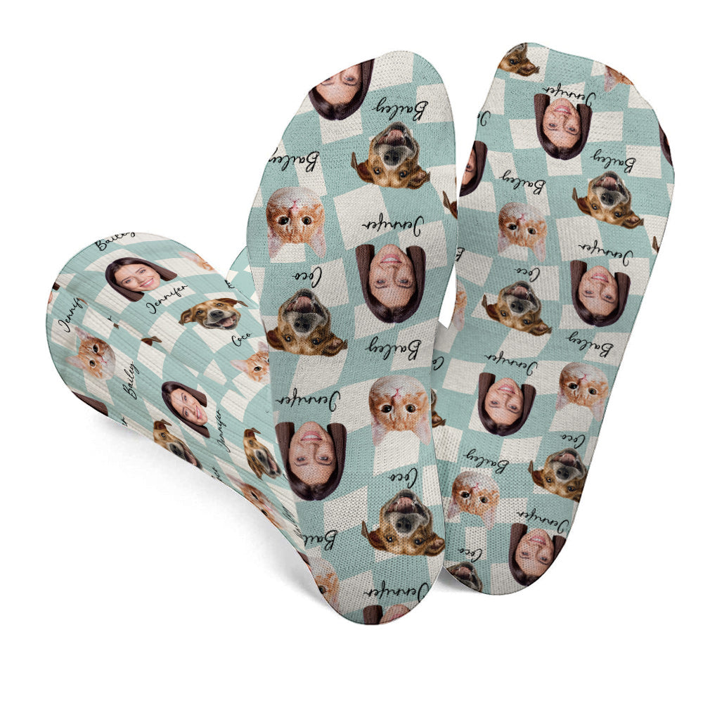 Chaussettes personnalisées pour chat avec n'importe quelle photo à télécharger sur un motif à carreaux et de nombreuses couleurs de fond - Chaussettes personnalisées pour chat