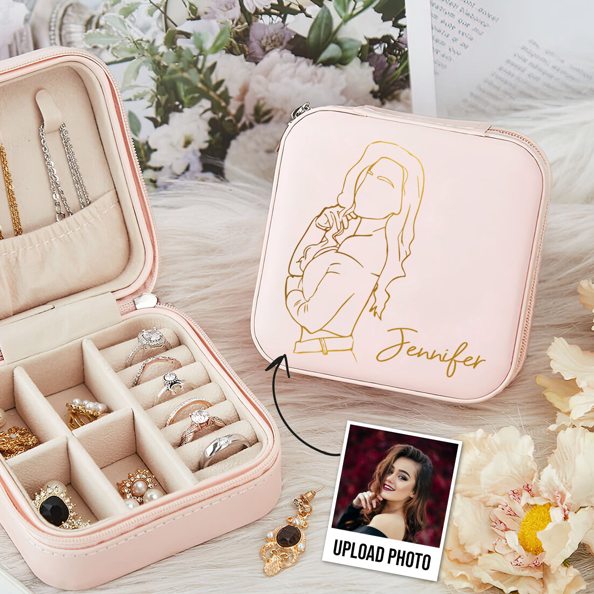 Dessin au trait personnalisé - cadeau pour grand-mère, maman, tante, fille, sœur, petite-fille, épouse, petite amie - Boîte à bijoux personnalisée