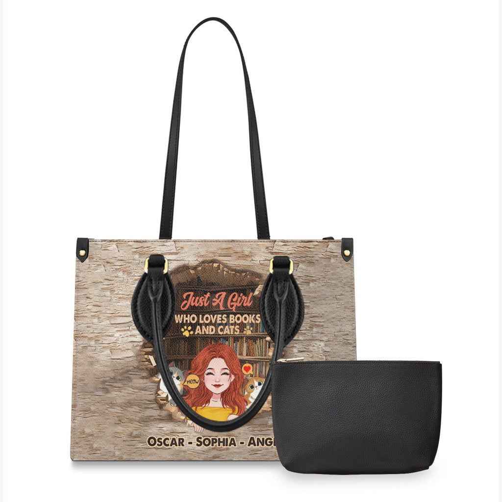 Sac à main en cuir personnalisé « J’aime les livres et les chats »