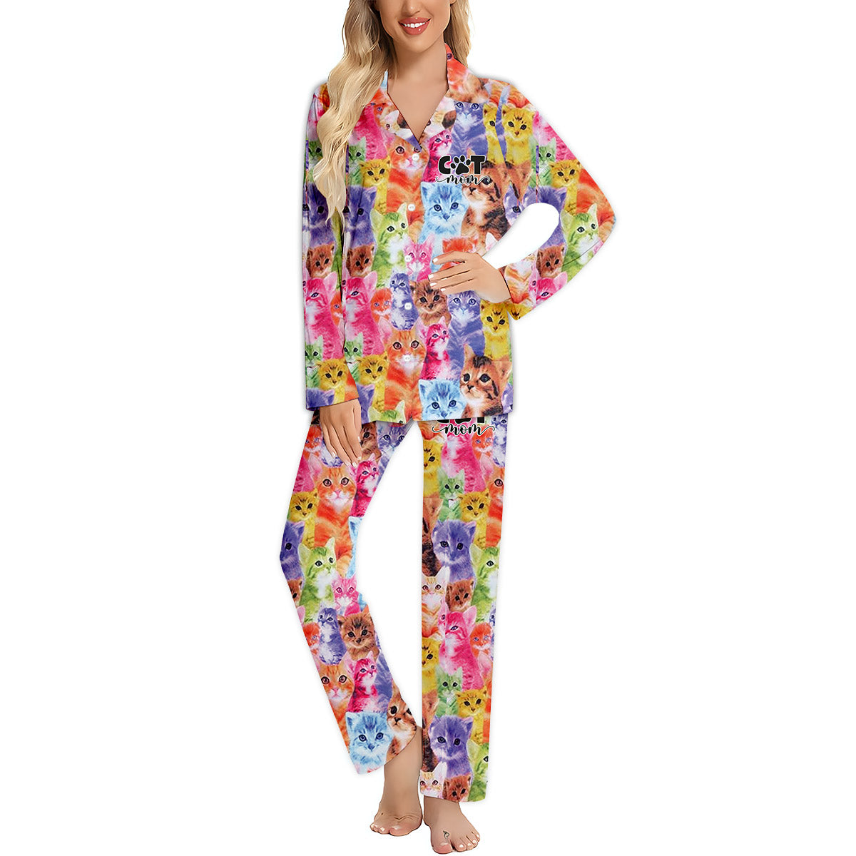 Photo Insert Transferring Into Colorful Style - Personalized Cat Button Down Pajamas