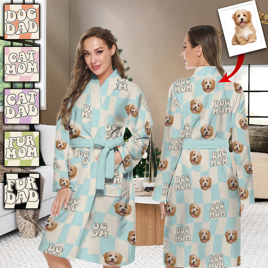 Peignoir kimono pyjama personnalisé à carreaux ondulés - Cadeau amusant pour les amoureux des chiens et des chats