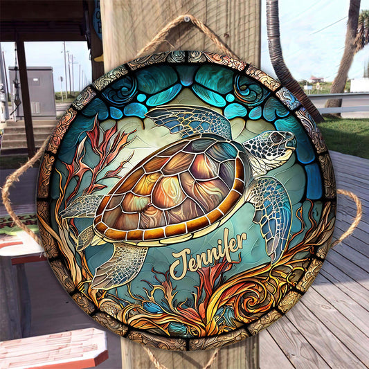 J'adore les tortues - Panneau rond en bois personnalisé avec une tortue