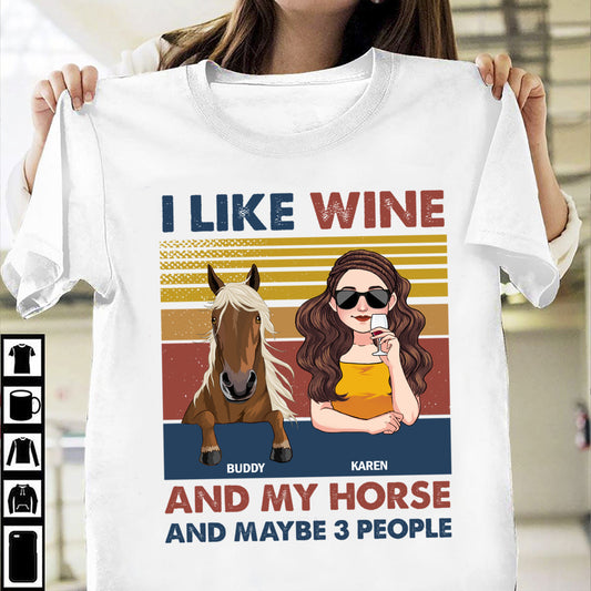 J'aime le vin et mon cheval - T-shirt et sweat à capuche personnalisés avec motif cheval