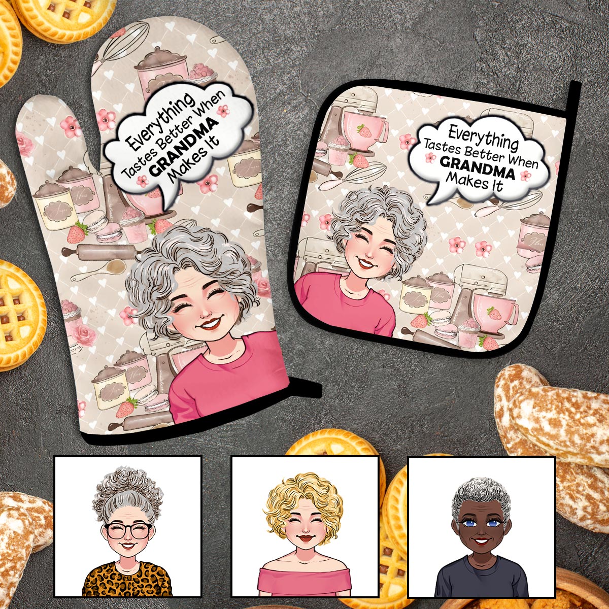 Everything Tastes Better - Gift for grandma - Personalized Oven Mitts & Pot Holder Set
