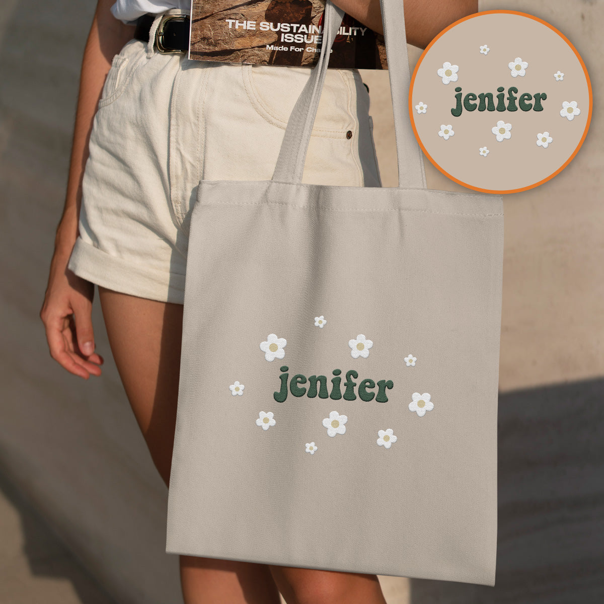 Sac fourre-tout brodé personnalisé avec nom et fleur pour couple