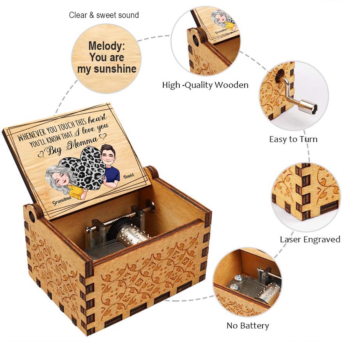 Whenever You Touch This Heart - Gift for mom, grandma, grandpa, daughter, son, granddaughter, grandson, wife, husband, dad, aunt, uncle, sister, brother - Personalized Hand Crank Music Box