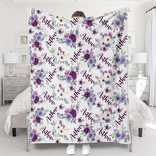 Couverture personnalisée pour petit-fils avec fleurs violettes et nom personnalisé