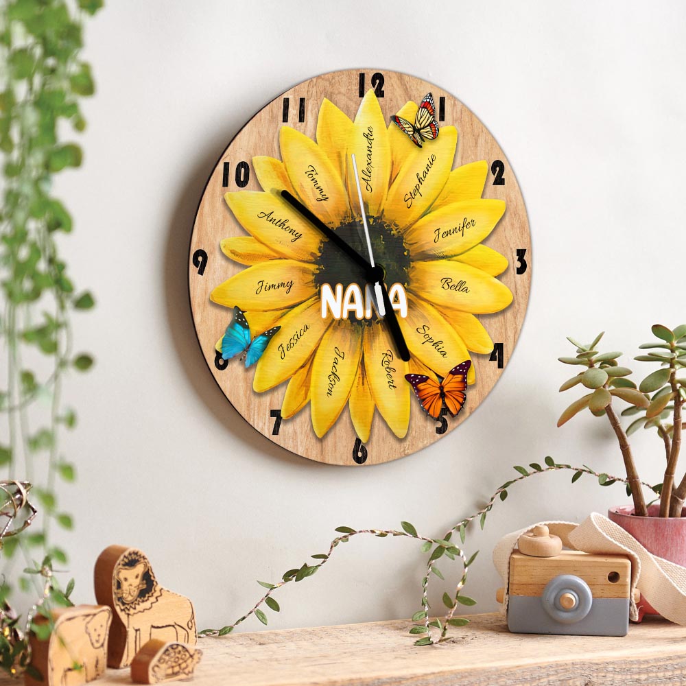 Horloge murale personnalisée « Grand-mère et petits-enfants tournesol »