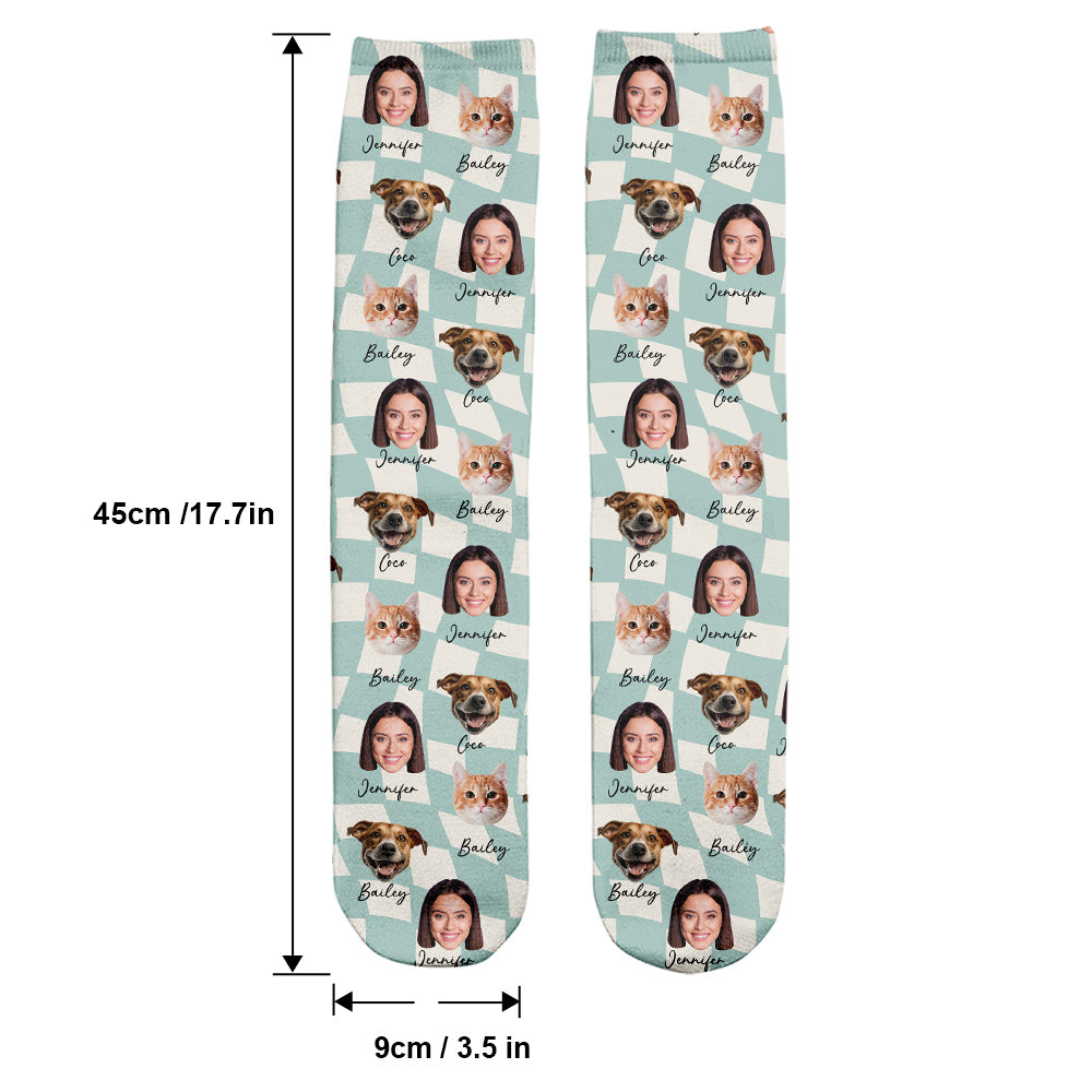 Chaussettes personnalisées pour chat avec n'importe quelle photo à télécharger sur un motif à carreaux et de nombreuses couleurs de fond - Chaussettes personnalisées pour chat