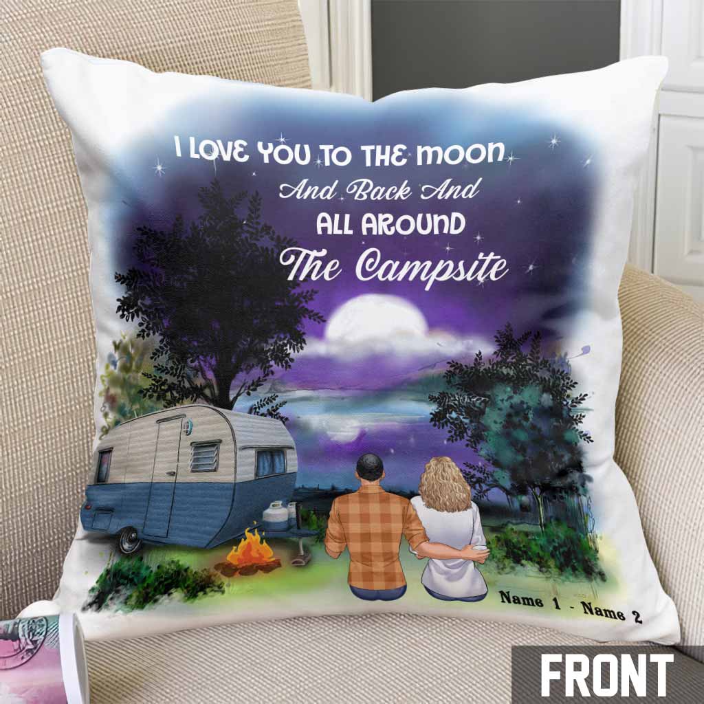 Je t'aime jusqu'à la lune et retour - Coussin décoratif de camping personnalisé pour couple
