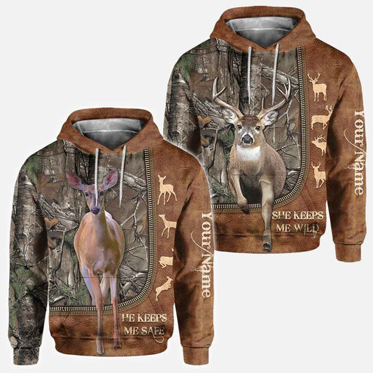 He Keeps Me Safe - Personalized Couple Hunting All Over T-shirt and Hoodie With Leather Pattern Print