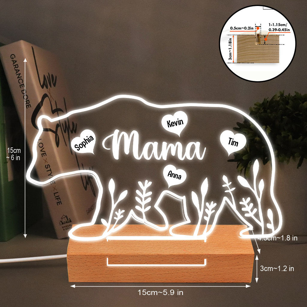 Maman Ours - Cadeau pour maman, papa, grand-mère, grand-père - Plaque lumineuse personnalisée