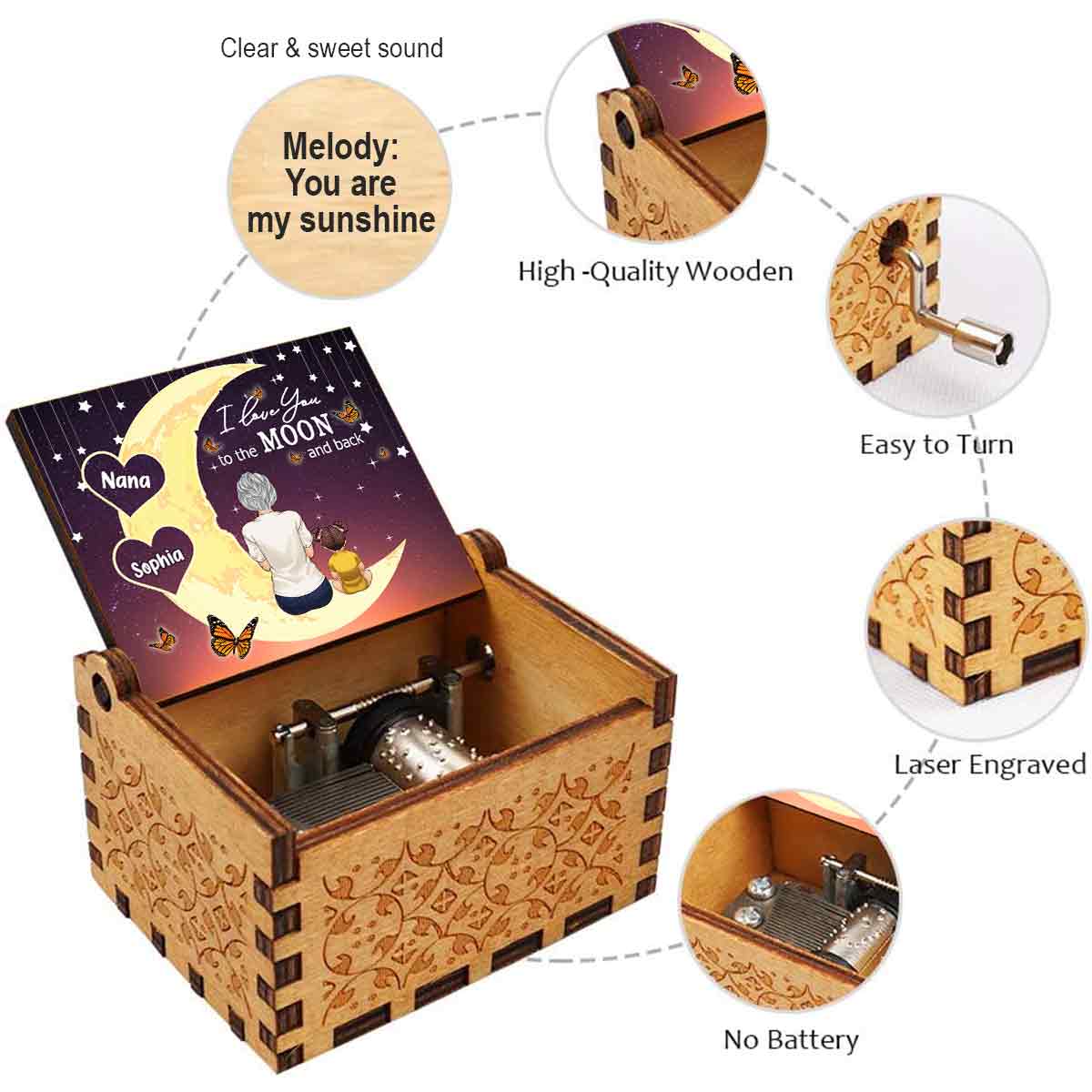 Aller et retour sur la Lune - Boîte à musique à manivelle personnalisée pour la fête des mères, grand-mère