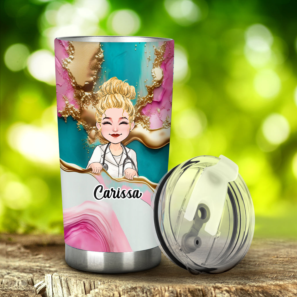 Gobelet isotherme personnalisé « Infirmière » rose léopard bleu turquoise - Tatouage infirmier/infirmière