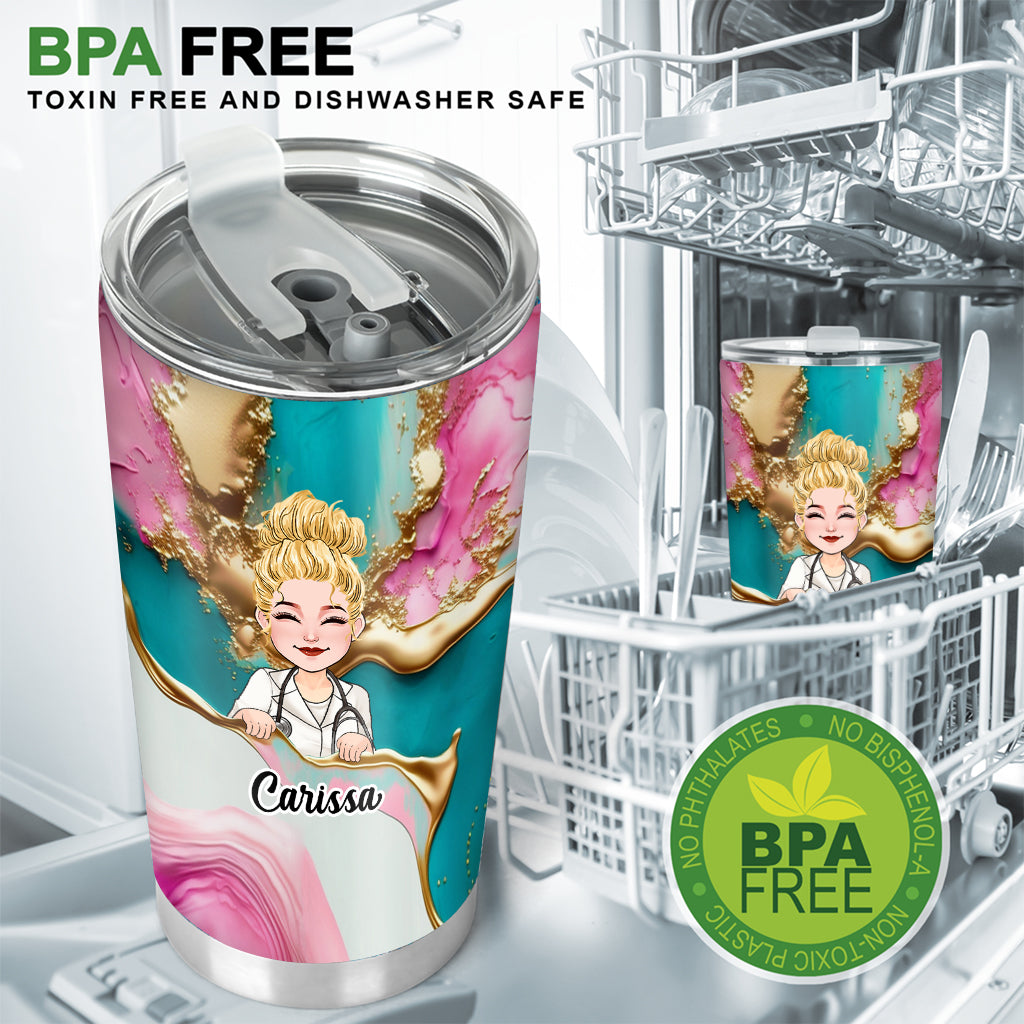 Gobelet isotherme personnalisé « Infirmière » rose léopard bleu turquoise - Tatouage infirmier/infirmière