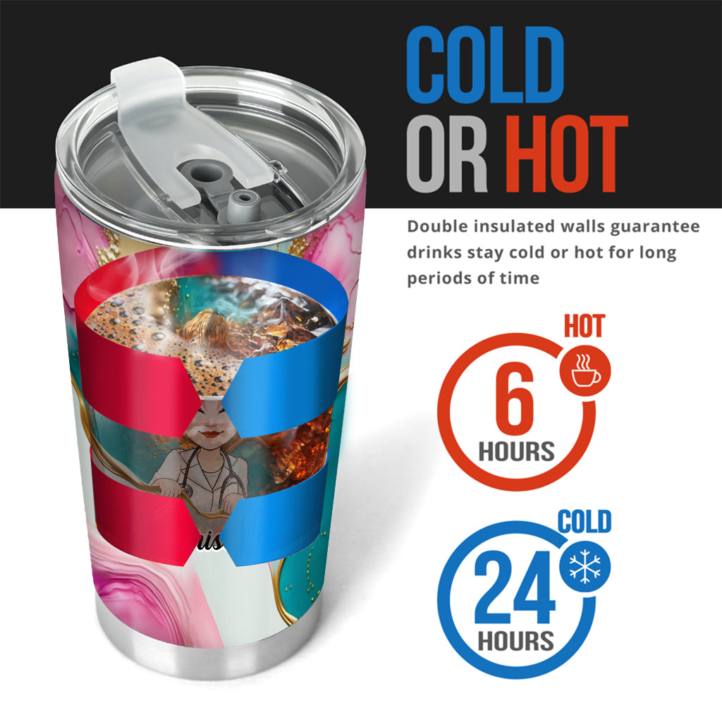 Gobelet isotherme personnalisé « Infirmière » rose léopard bleu turquoise - Tatouage infirmier/infirmière