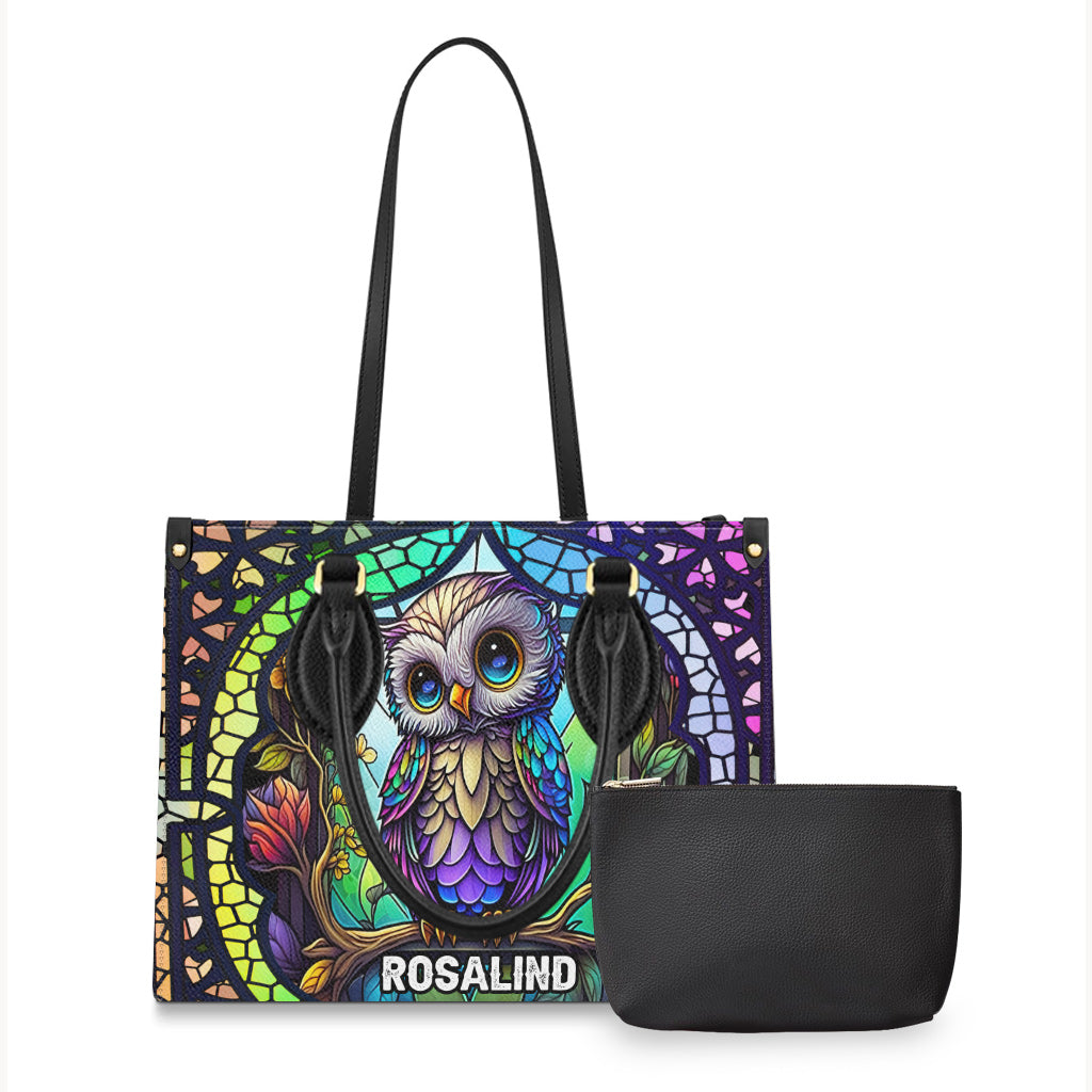 Cute Owl Stained Glass - Personalized Owl Leather Handbag
