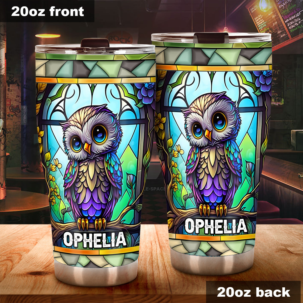 Gobelet personnalisé en verre vitrail avec motif hibou mignon