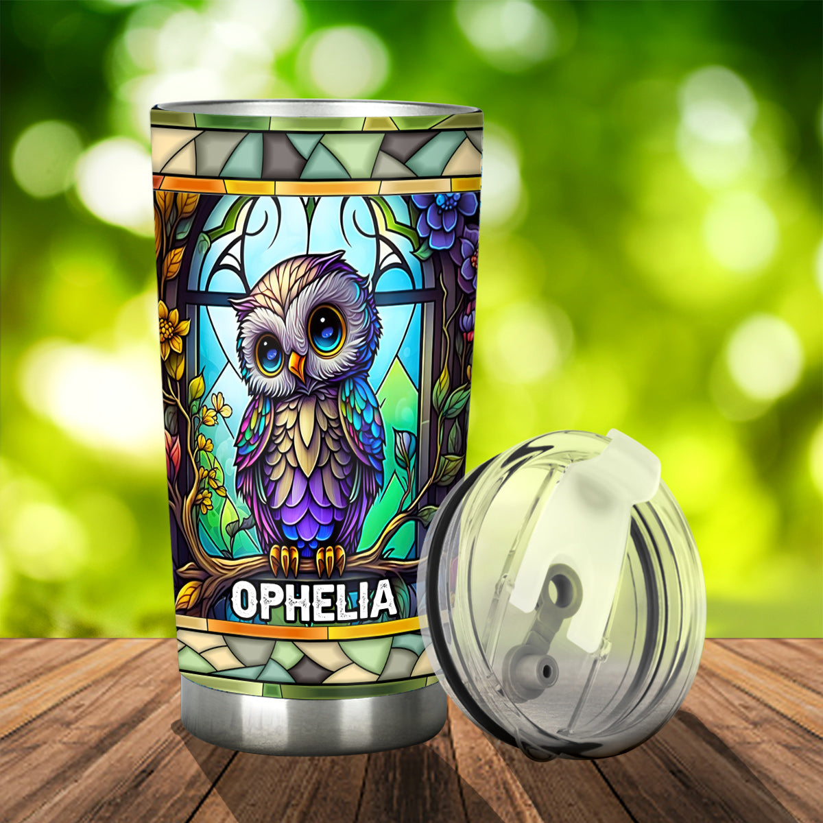 Gobelet personnalisé en verre vitrail avec motif hibou mignon