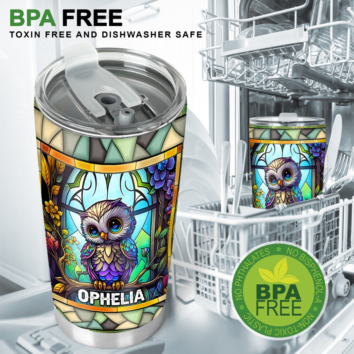 Gobelet personnalisé en verre vitrail avec motif hibou mignon