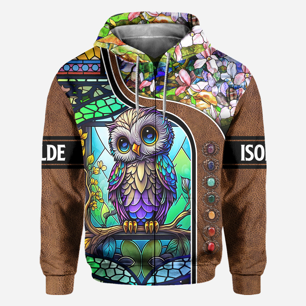 T-shirt personnalisé avec motif hibou mignon en vitrail - T-shirt intégral à motif hibou