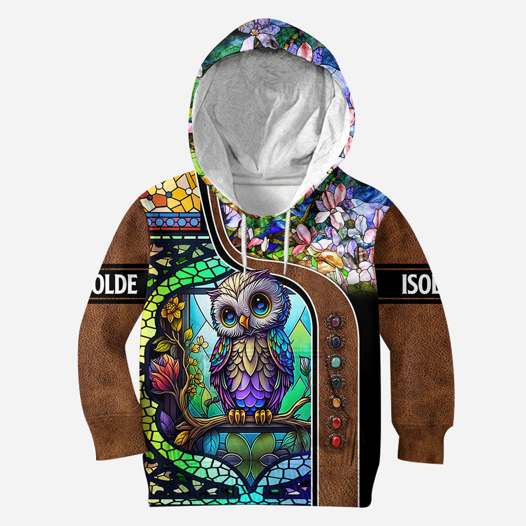 T-shirt personnalisé avec motif hibou mignon en vitrail - T-shirt intégral à motif hibou