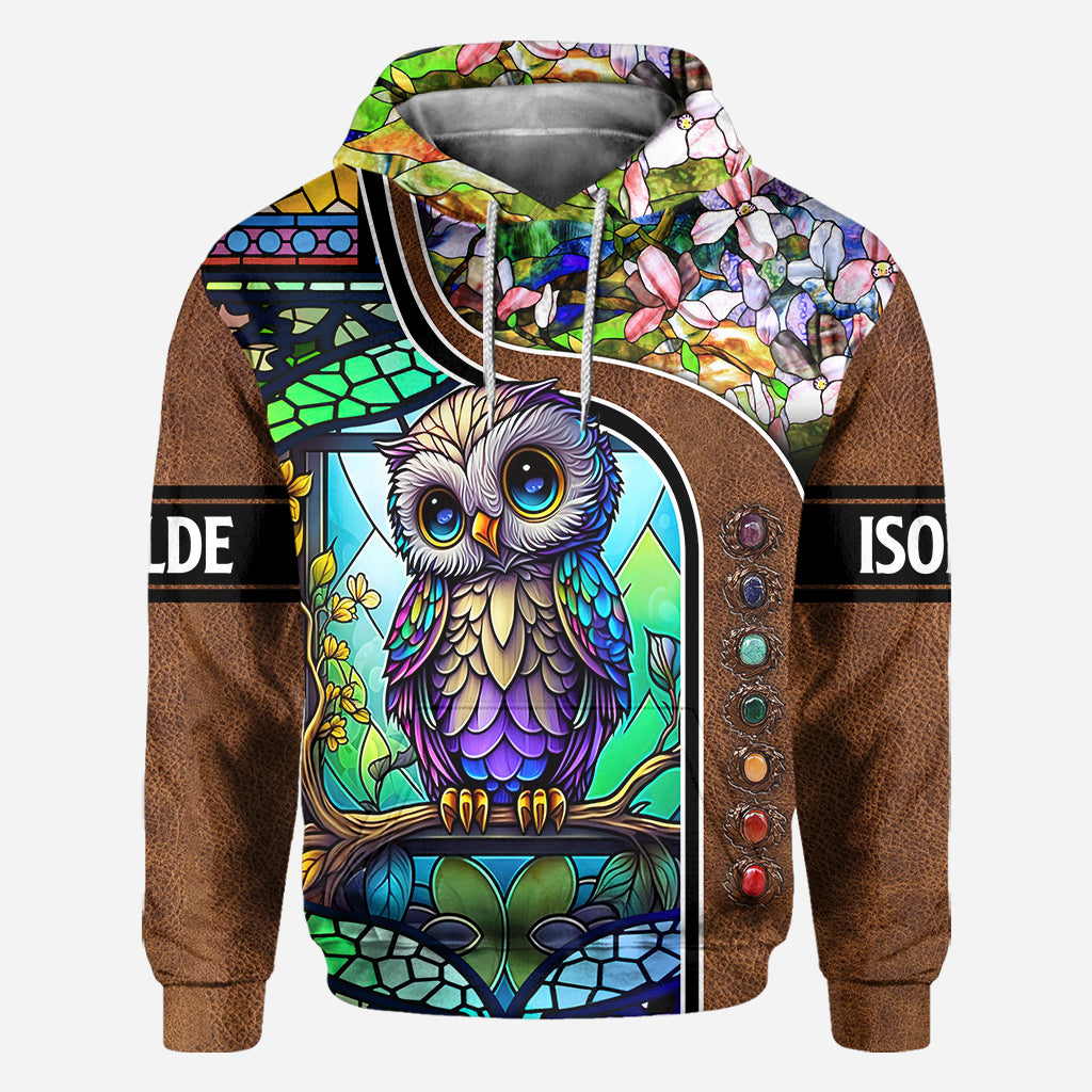 T-shirt personnalisé avec motif hibou mignon en vitrail - T-shirt intégral à motif hibou