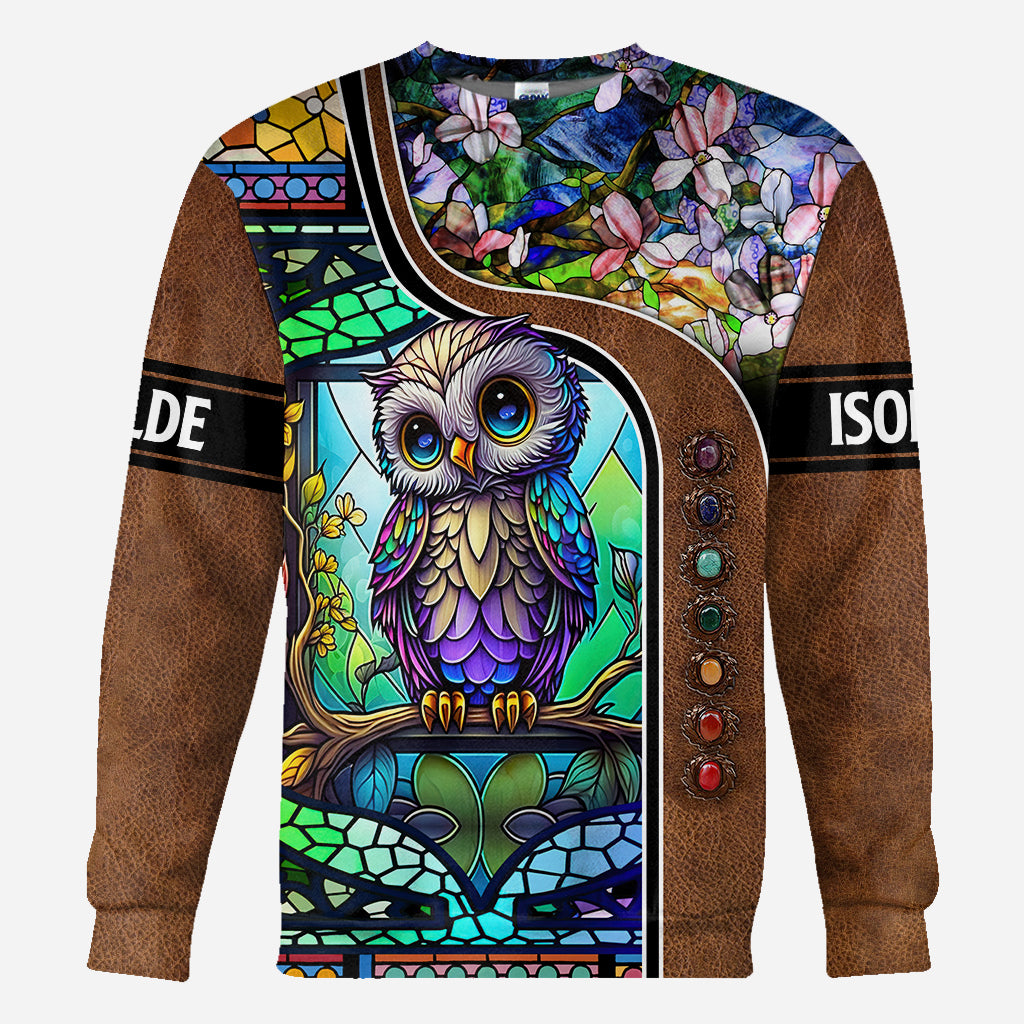 T-shirt personnalisé avec motif hibou mignon en vitrail - T-shirt intégral à motif hibou