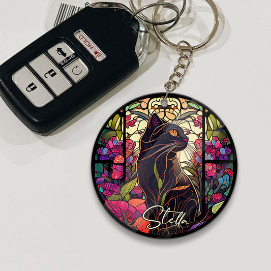 Stained Glass Black Cat - Personalized Black Cat Keychain (Printed On Both Sides)