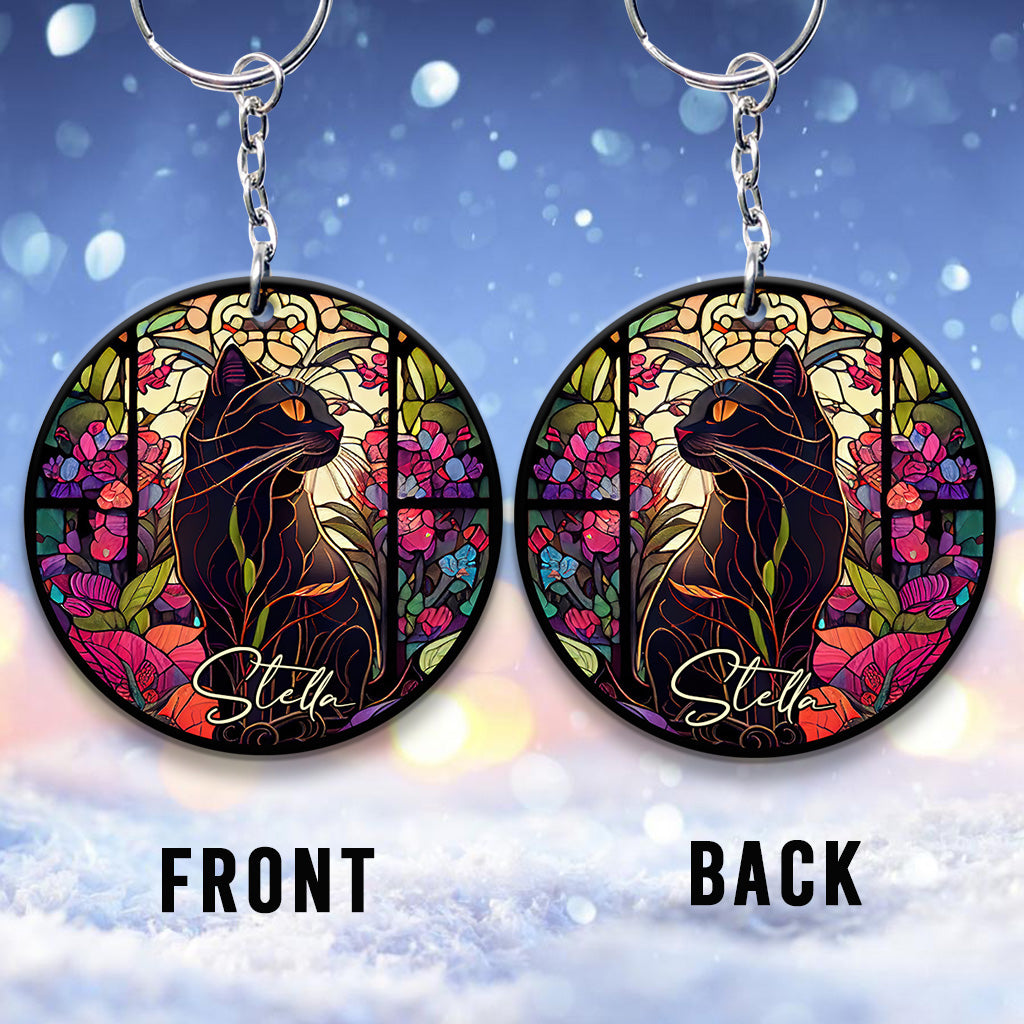 Stained Glass Black Cat - Personalized Black Cat Keychain (Printed On Both Sides)