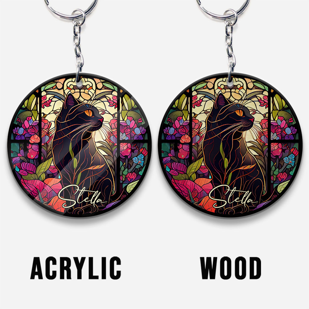 Stained Glass Black Cat - Personalized Black Cat Keychain (Printed On Both Sides)