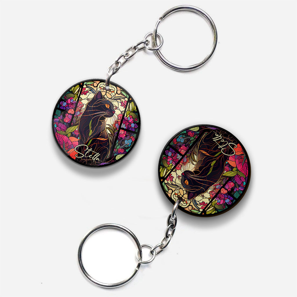 Stained Glass Black Cat - Personalized Black Cat Keychain (Printed On Both Sides)