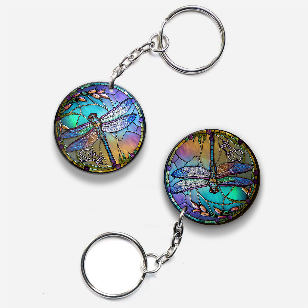 Stained Glass Dragonfly - Personalized Dragonfly Keychain (Printed On Both Sides)