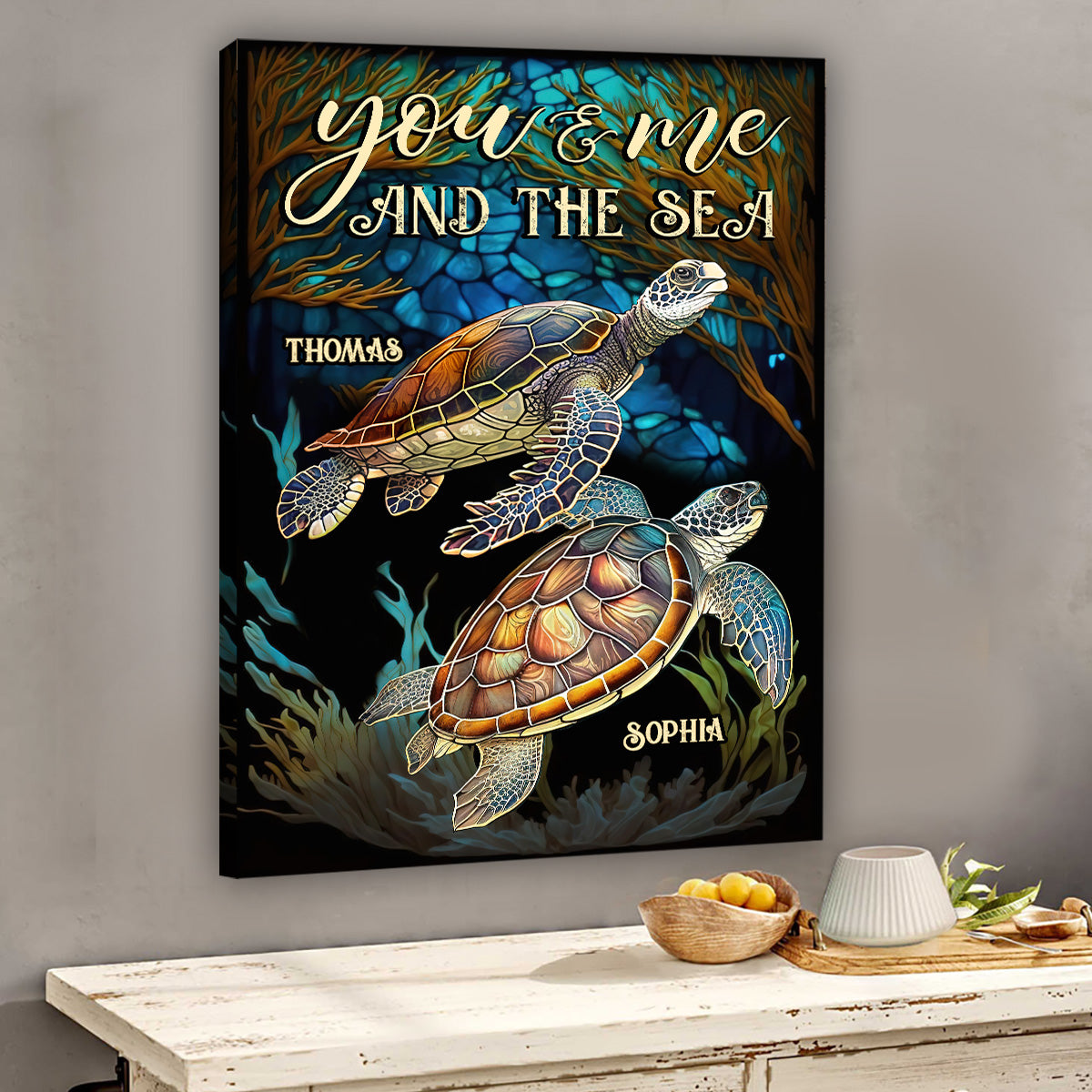 Couple de tortues en vitrail - Toile et affiche personnalisées représentant des tortues