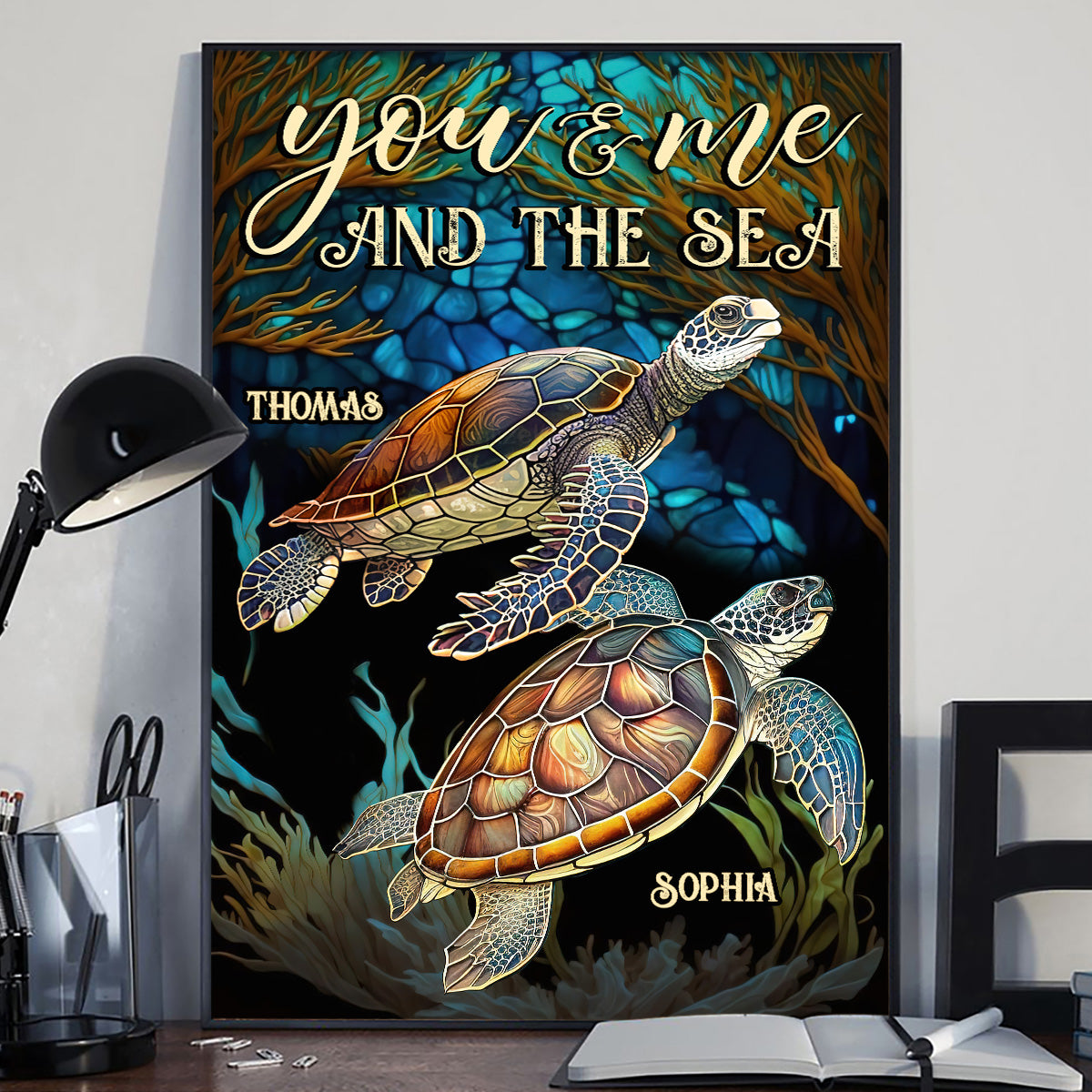 Couple de tortues en vitrail - Toile et affiche personnalisées représentant des tortues
