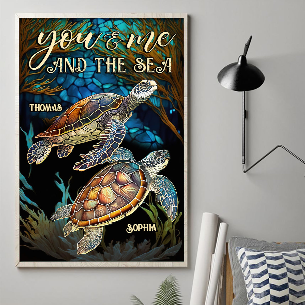Couple de tortues en vitrail - Toile et affiche personnalisées représentant des tortues