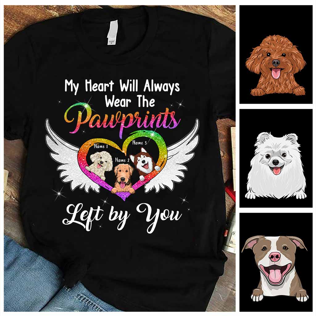 Mon cœur portera toujours les empreintes de pattes - T-shirt et sweat à capuche personnalisés pour chien avec impression à paillettes.