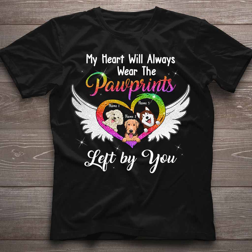 Mon cœur portera toujours les empreintes de pattes - T-shirt et sweat à capuche personnalisés pour chien avec impression à paillettes.