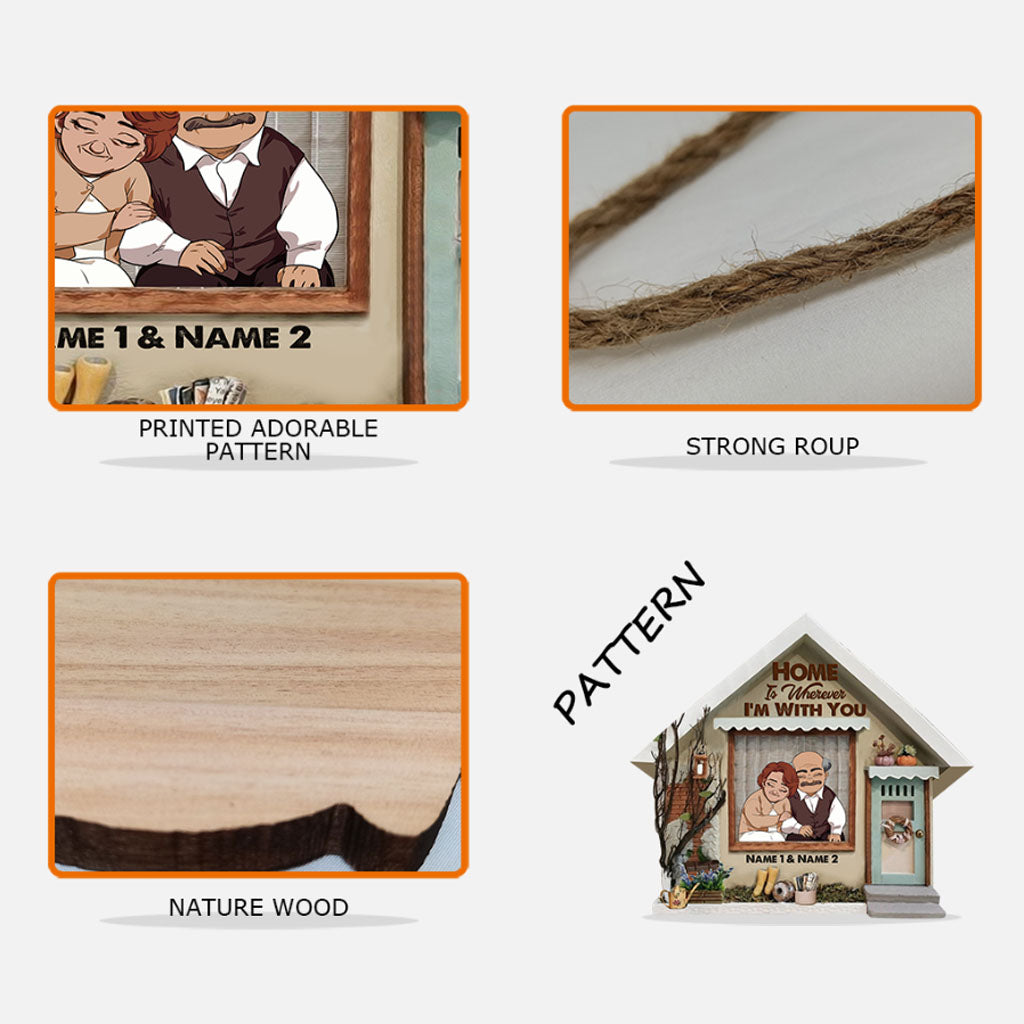 « La maison, c'est là où je suis avec toi » - Panneau en bois personnalisé pour couple avec motif 3D