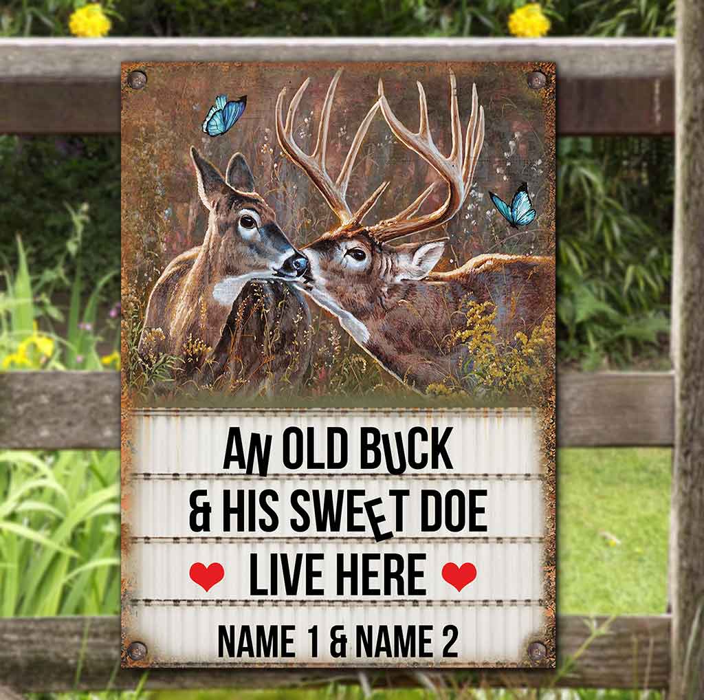 Un vieux cerf et sa douce biche - Panneau métallique rectangulaire personnalisé pour la chasse