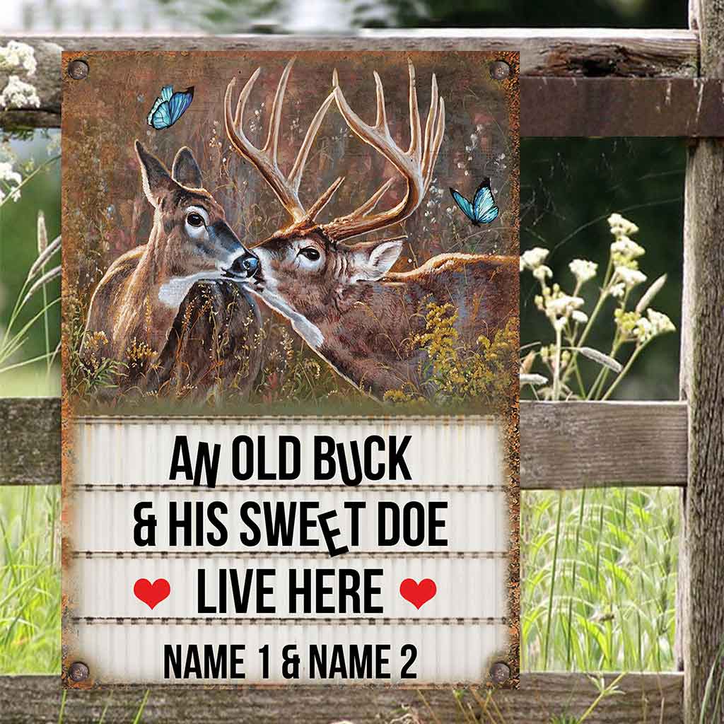 Un vieux cerf et sa douce biche - Panneau métallique rectangulaire personnalisé pour la chasse
