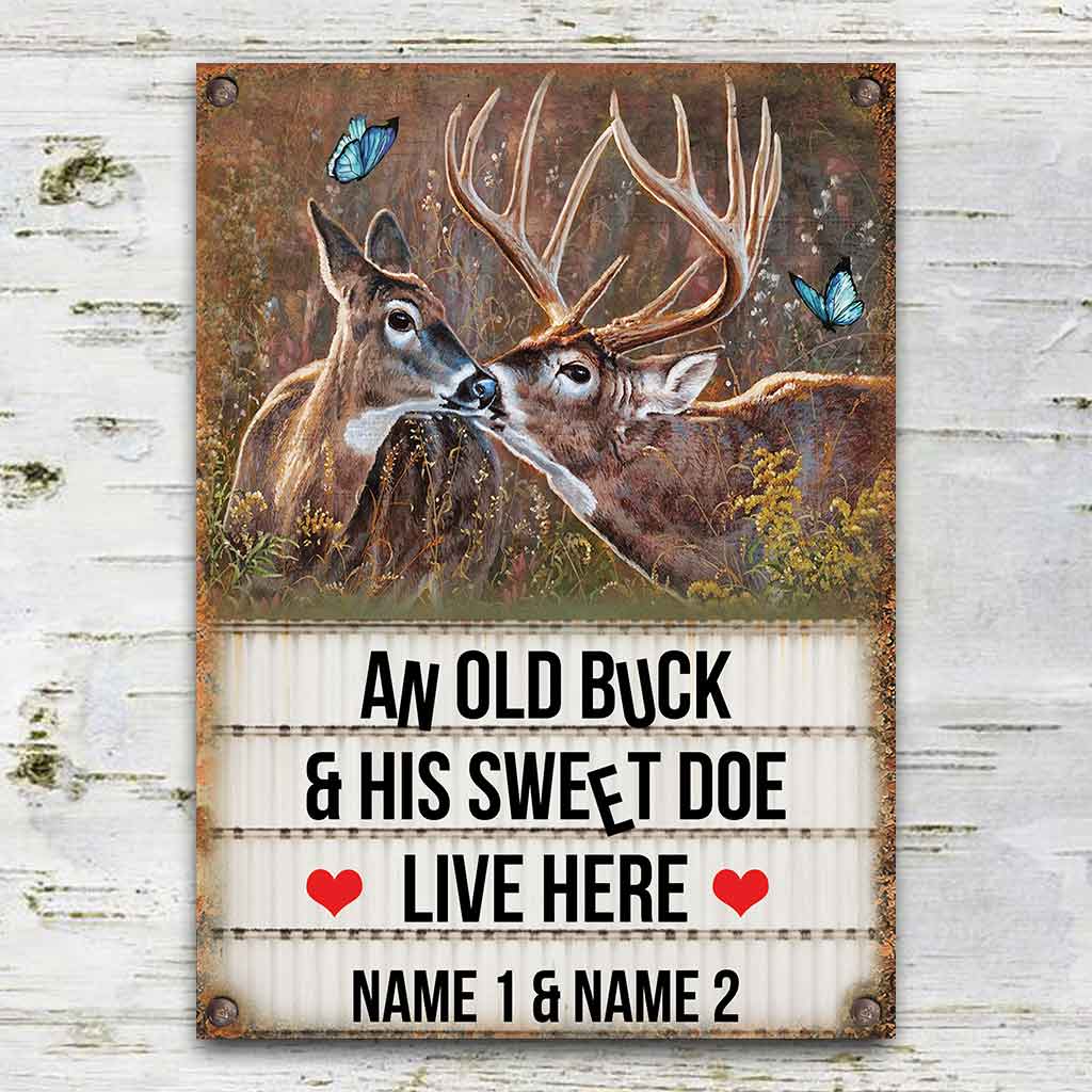 Un vieux cerf et sa douce biche - Panneau métallique rectangulaire personnalisé pour la chasse