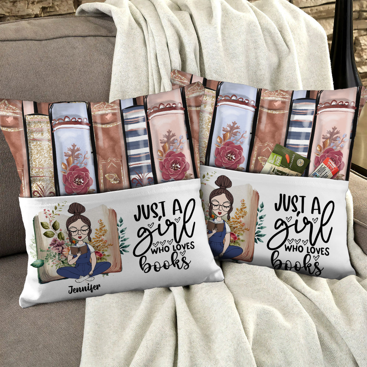 Juste une fille qui aime les livres - Coussin à poche de livre personnalisé