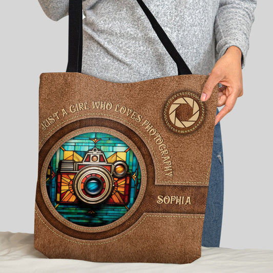 Sac fourre-tout photo personnalisé « Juste une fille qui aime la photographie »