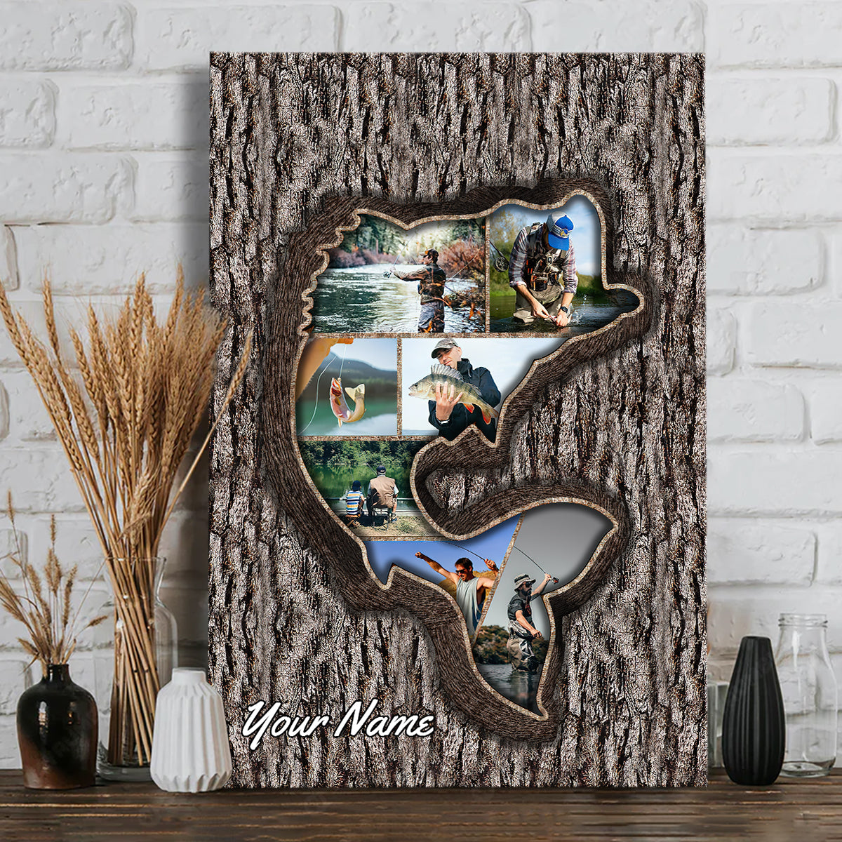 Fishing Memories Tree Carving Photo Inserted - Personalized Fishing Canvas and Poster
