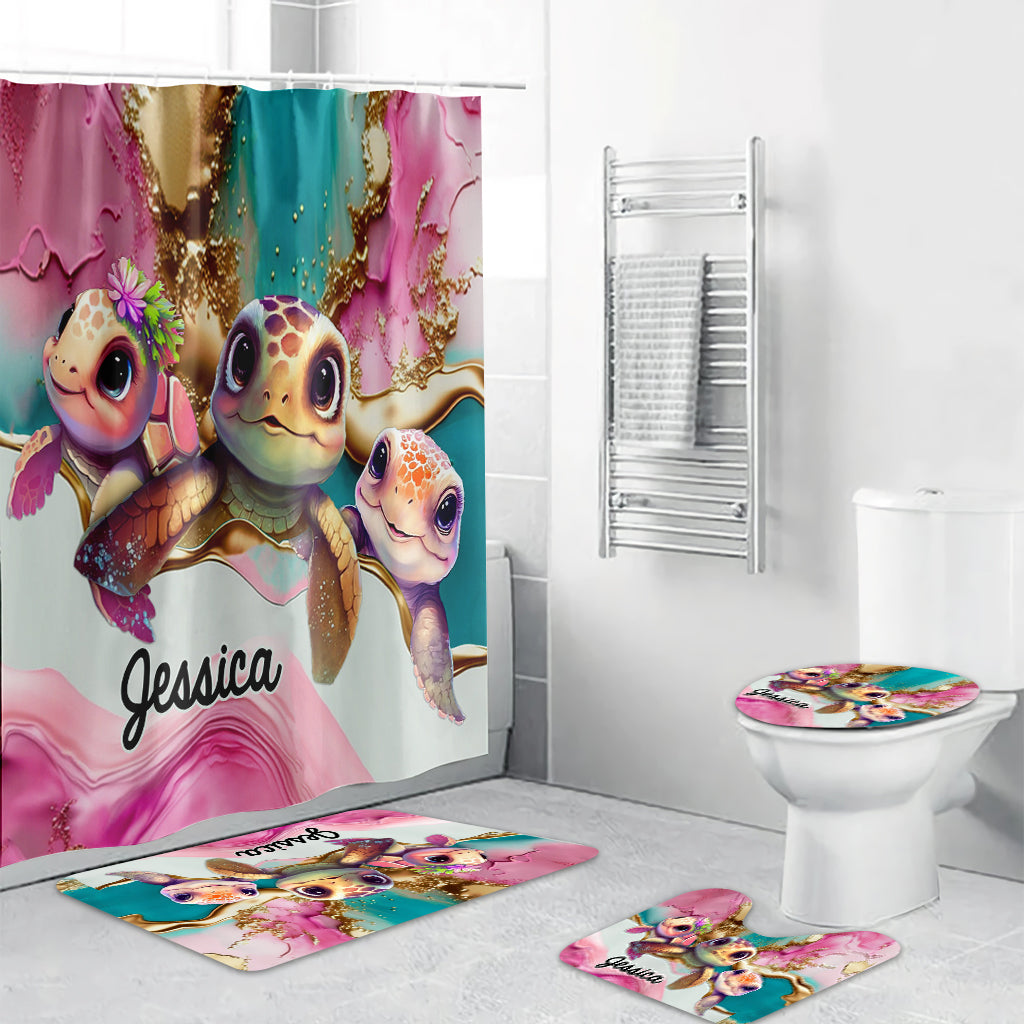 Ensemble rideau et tapis de bain personnalisés Salty Lil' Beach en forme de tortue