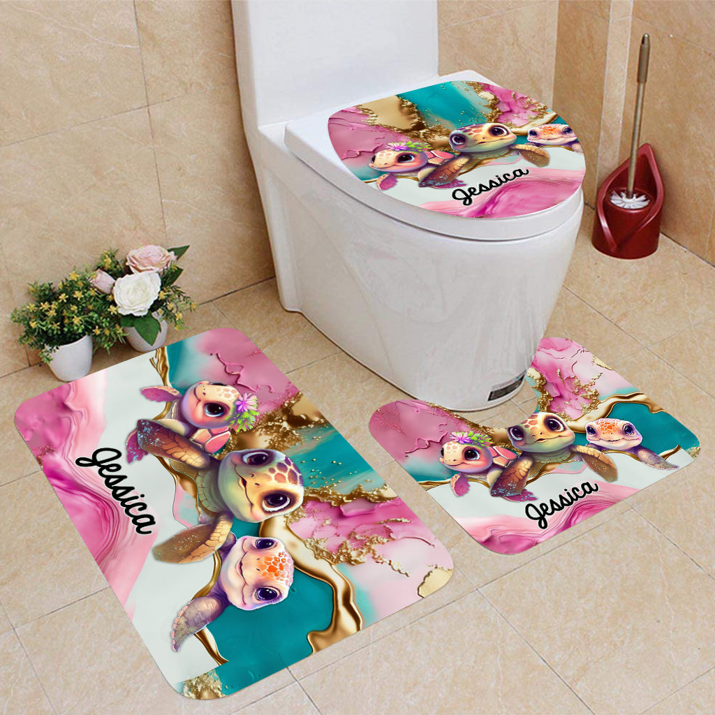 Ensemble rideau et tapis de bain personnalisés Salty Lil' Beach en forme de tortue