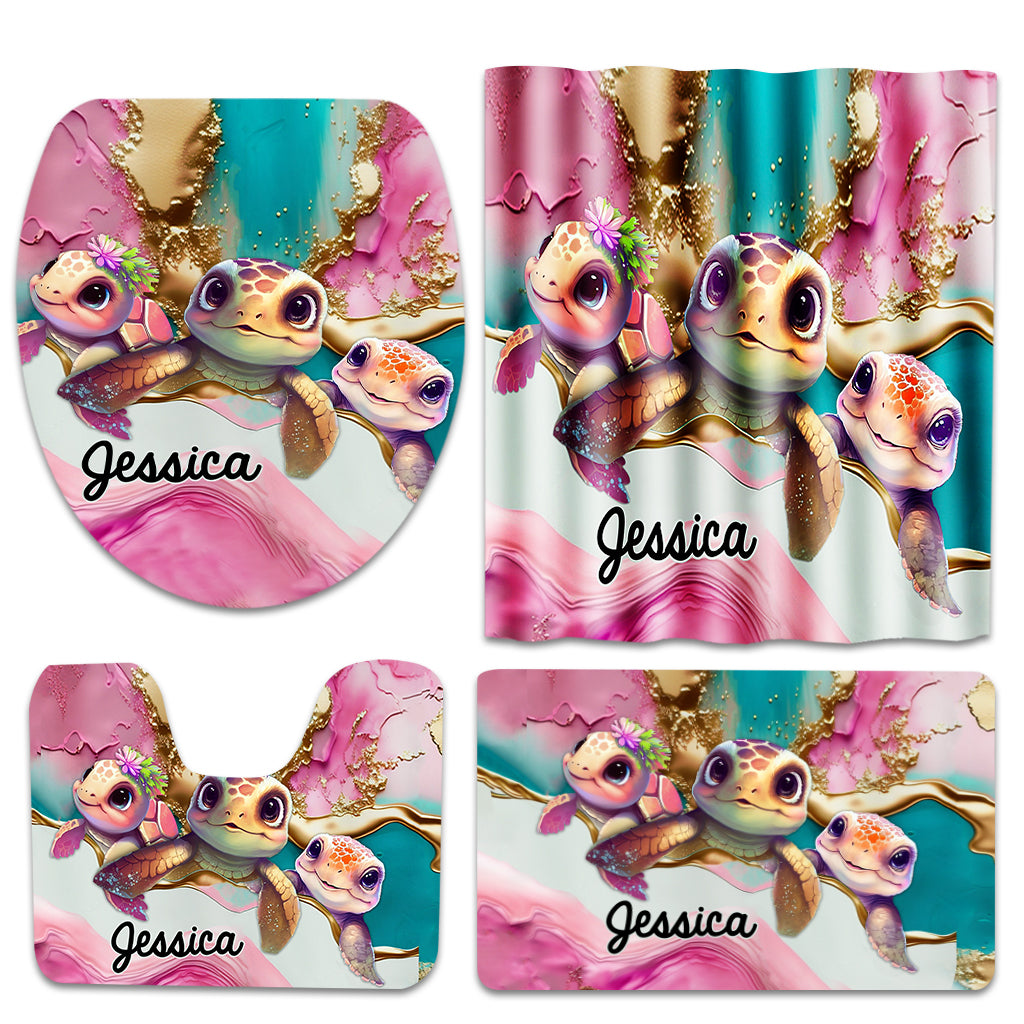 Ensemble rideau et tapis de bain personnalisés Salty Lil' Beach en forme de tortue